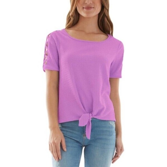 JR659 Bcx Peony Juniors' Tie-Front Lattice-Sleeve Top Size M - Picture 1 of 1